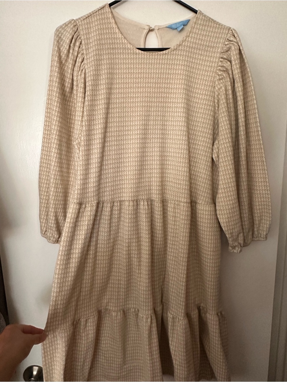 Beige Houndstooth Long Sleeve Tiered Dress